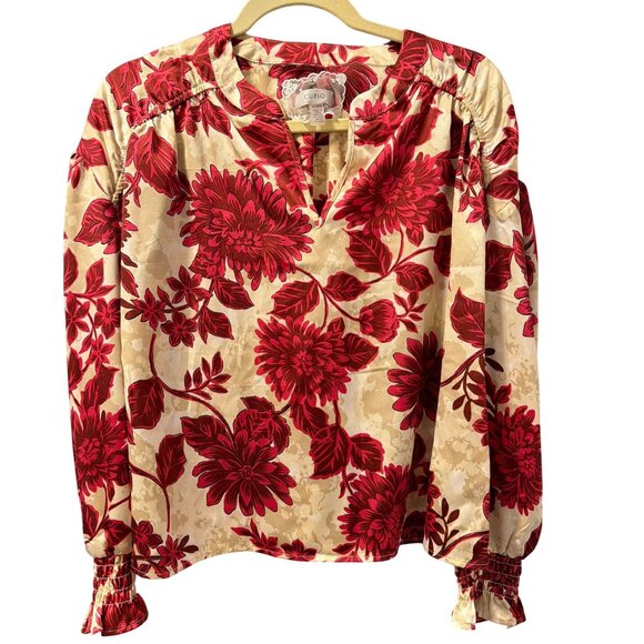 Cupid Red & Cream Floral Long Sleeve Blouse Sz M blouse. NWOT - Picture 8 of 12